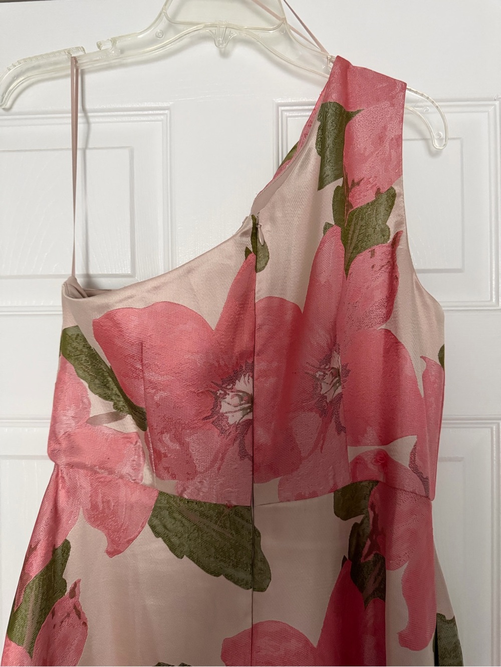 Alex Evenings One-Shoulder Pink/Peach Floral Dress with Green Leaves - Picture 8 of 16